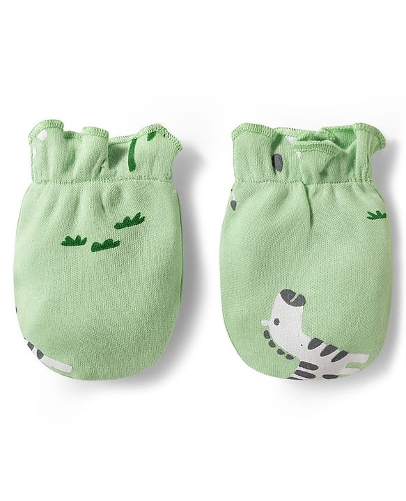 Babyhug 100% Cotton Knit Zebra Printed Cap Mittens & Booties Set Light Green - Diameter 16 cm