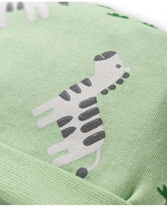 Babyhug 100% Cotton Knit Zebra Printed Cap Mittens & Booties Set Light Green - Diameter 16 cm