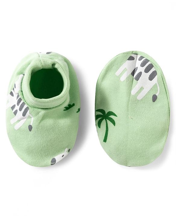 Babyhug 100% Cotton Knit Zebra Printed Cap Mittens & Booties Set Light Green - Diameter 16 cm