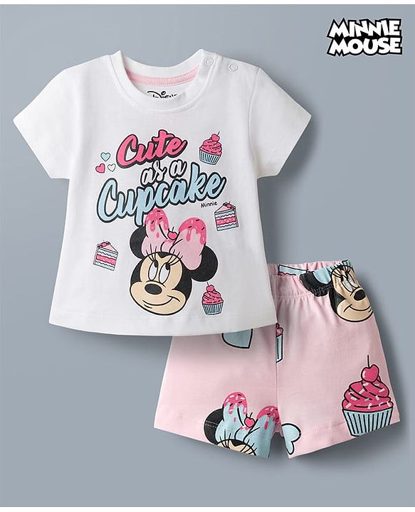 Babyhug Disney Single Jersey Knit Half Sleeves T-Shirt & Shorts Night Suit with Minnie Mouse Graphics - White