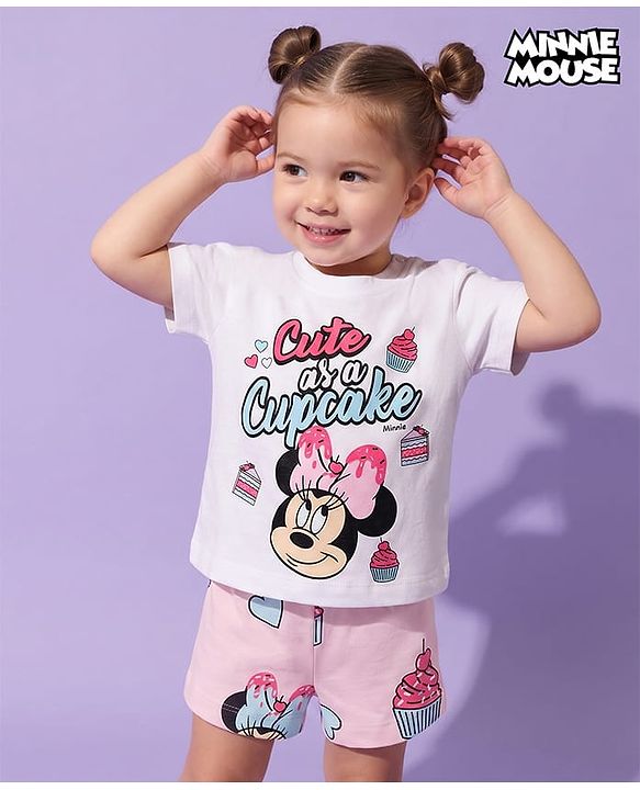 Babyhug Disney Single Jersey Knit Half Sleeves T-Shirt & Shorts Night Suit with Minnie Mouse Graphics - White
