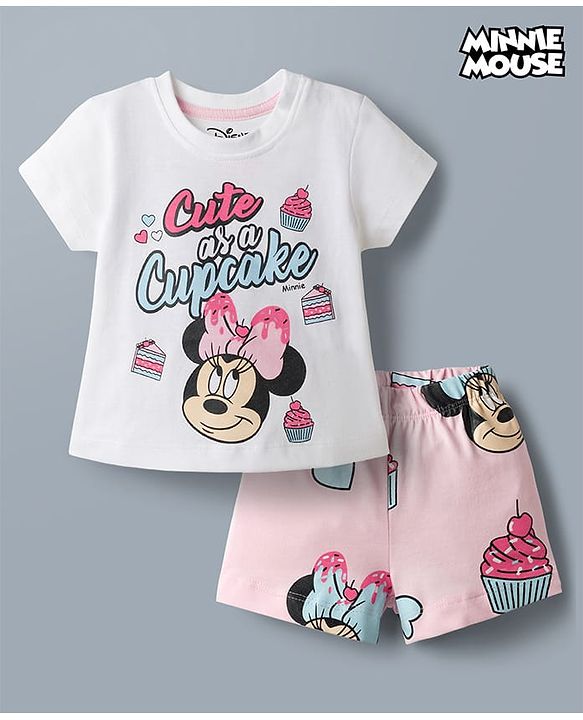 Babyhug Disney Single Jersey Knit Half Sleeves T-Shirt & Shorts Night Suit with Minnie Mouse Graphics - White
