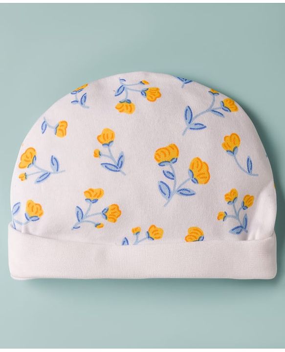 Babyhug 100% Cotton Knit Floral Printed Cap Mittens & Booties Set White - Diameter 16 cm