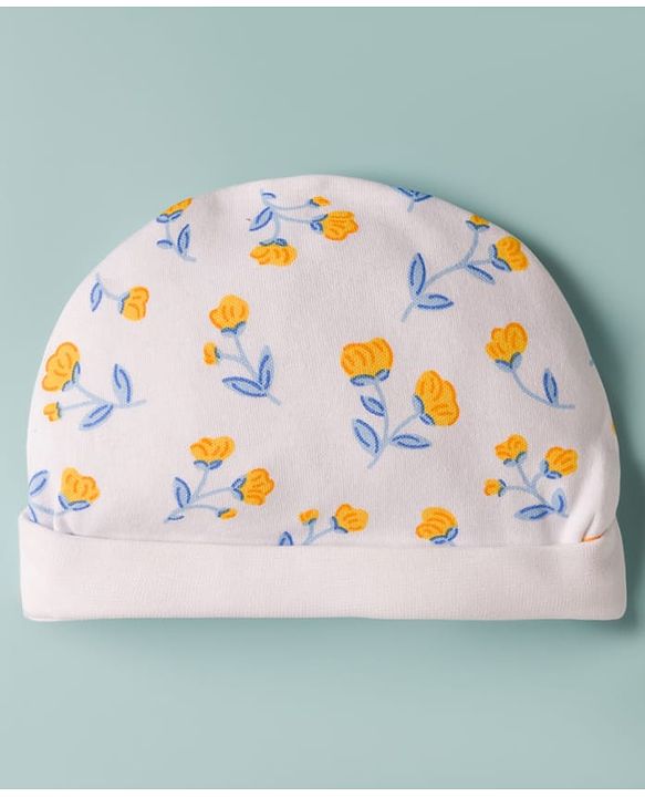 Babyhug 100% Cotton Knit Floral Printed Cap Mittens & Booties Set White - Diameter 16 cm
