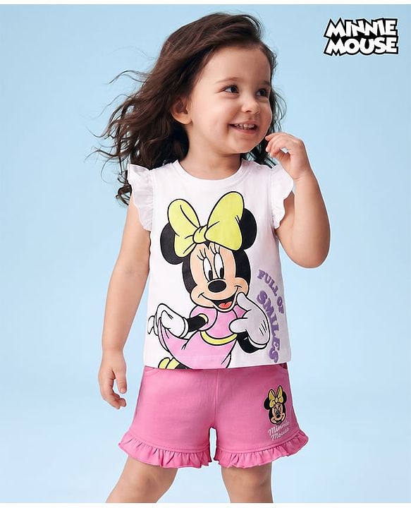 Babyhug Disney Single Jersey Knit Half Sleeves T-Shirt & Shorts Night Suit with Minnie Mouse Graphics - White