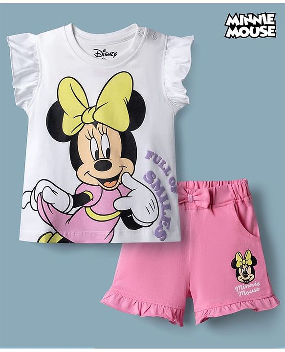 Babyhug Disney Single Jersey Knit Half Sleeves T-Shirt & Shorts Night Suit with Minnie Mouse Graphics - White