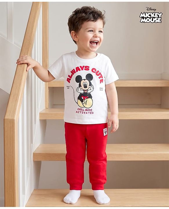 Babyhug Disney 100% Cotton Knit Half Sleeves T-Shirt & Pyjama Night Suit With Mickey Mouse Graphic - Multicolor