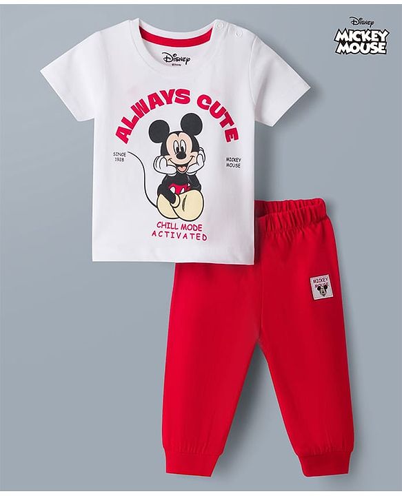 Babyhug Disney 100% Cotton Knit Half Sleeves T-Shirt & Pyjama Night Suit With Mickey Mouse Graphic - Multicolor