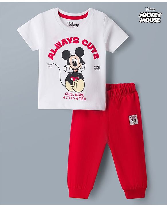 Babyhug Disney 100% Cotton Knit Half Sleeves T-Shirt & Pyjama Night Suit With Mickey Mouse Graphic - Multicolor