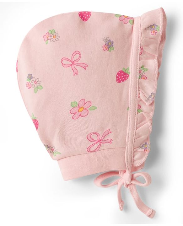 Babyhug 100% Cotton Knit Strawberry & Floral Printed Caps With Knot Pack Of 2 Multi Color - Diameter 16 cm
