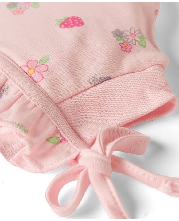 Babyhug 100% Cotton Knit Strawberry & Floral Printed Caps With Knot Pack Of 2 Multi Color - Diameter 16 cm