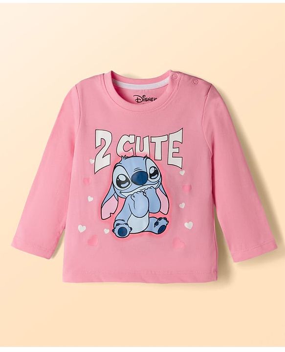 Babyhug Disney Single Jersey Knit Full Sleeves T-Shirt & Pyjama night Suit with Stitch Print - Pink