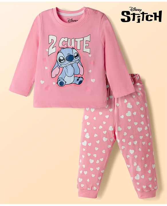 Babyhug Disney Single Jersey Knit Full Sleeves T-Shirt & Pyjama night Suit with Stitch Print - Pink