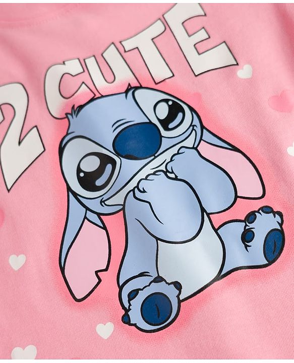 Babyhug Disney Single Jersey Knit Full Sleeves T-Shirt & Pyjama night Suit with Stitch Print - Pink