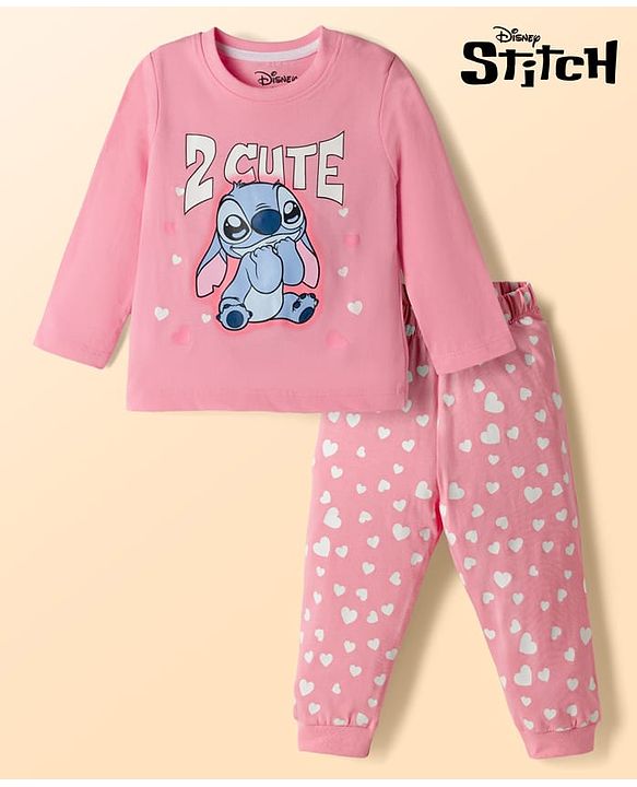 Babyhug Disney Single Jersey Knit Full Sleeves T-Shirt & Pyjama night Suit with Stitch Print - Pink