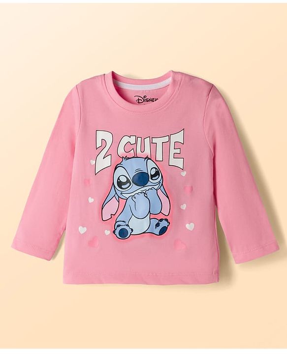 Babyhug Disney Single Jersey Knit Full Sleeves T-Shirt & Pyjama night Suit with Stitch Print - Pink