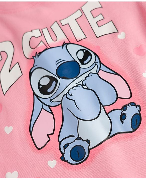 Babyhug Disney Single Jersey Knit Full Sleeves T-Shirt & Pyjama night Suit with Stitch Print - Pink
