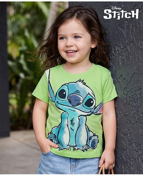 Babyhug Disney Single Jersey Knit Half Sleeves T-Shirt with Stitch Graphics - Green