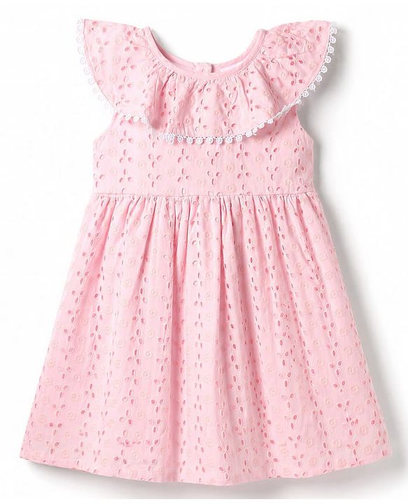 Babyhug Schiffili 100% Cotton Woven Sleeveless Flared One Peice Frock With Floral Detailing & Embroidery - Pink