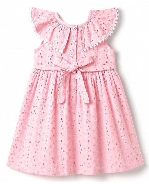 Babyhug Schiffili 100% Cotton Woven Sleeveless Flared One Peice Frock With Floral Detailing & Embroidery - Pink