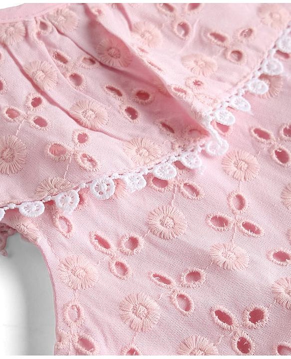 Babyhug Schiffili 100% Cotton Woven Sleeveless Flared One Peice Frock With Floral Detailing & Embroidery - Pink