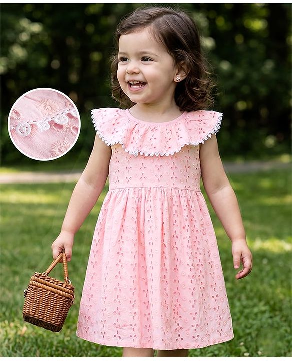 Babyhug Schiffili 100% Cotton Woven Sleeveless Flared One Peice Frock With Floral Detailing & Embroidery - Pink