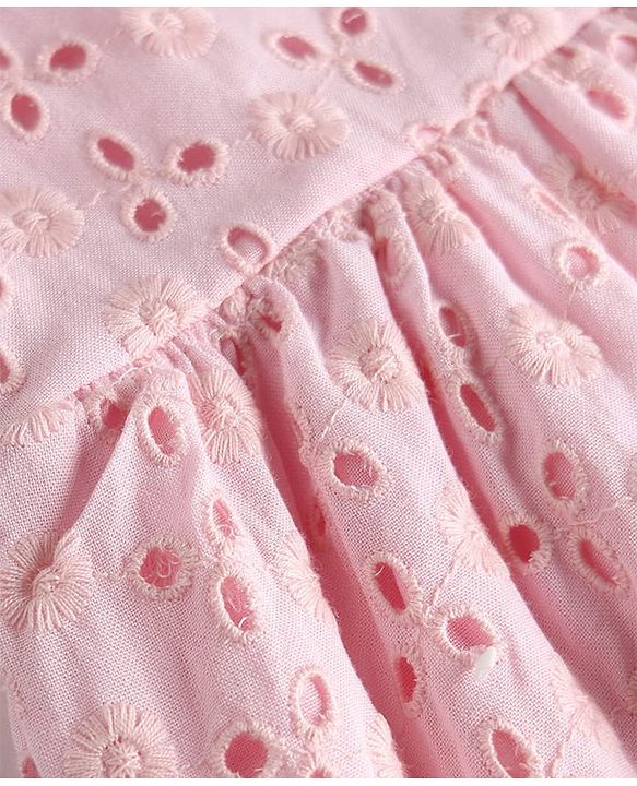 Babyhug Schiffili 100% Cotton Woven Sleeveless Flared One Peice Frock With Floral Detailing & Embroidery - Pink