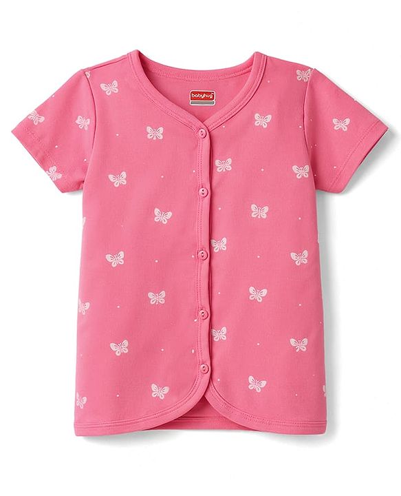 Babyhug 100% Cotton Interlock Knit Antibacterial Half Sleeves Jhablas With Floral Bow & Butterfly Print - Multicolor