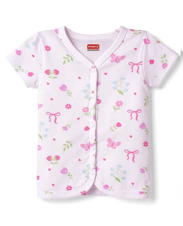 Babyhug 100% Cotton Interlock Knit Antibacterial Half Sleeves Jhablas With Floral Bow & Butterfly Print - Multicolor