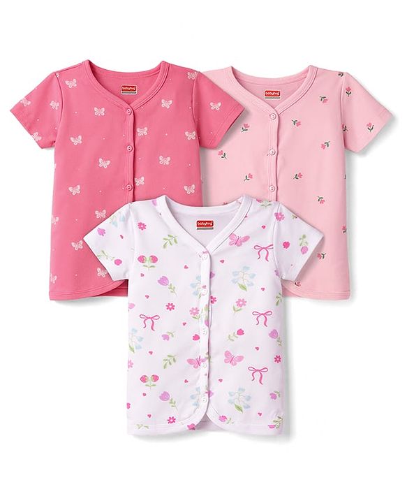 Babyhug 100% Cotton Interlock Knit Antibacterial Half Sleeves Jhablas With Floral Bow & Butterfly Print - Multicolor
