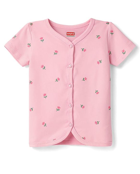 Babyhug 100% Cotton Interlock Knit Antibacterial Half Sleeves Jhablas With Floral Bow & Butterfly Print - Multicolor