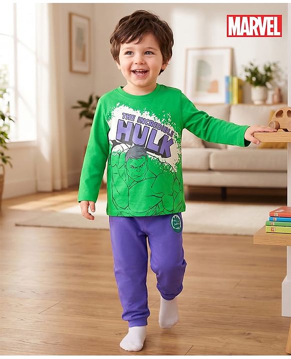 Babyhug Disney 100% Cotton Knit Full Sleeves T-Shirt & Pyjama Night Suit With Hulk Graphic - Green & Purple