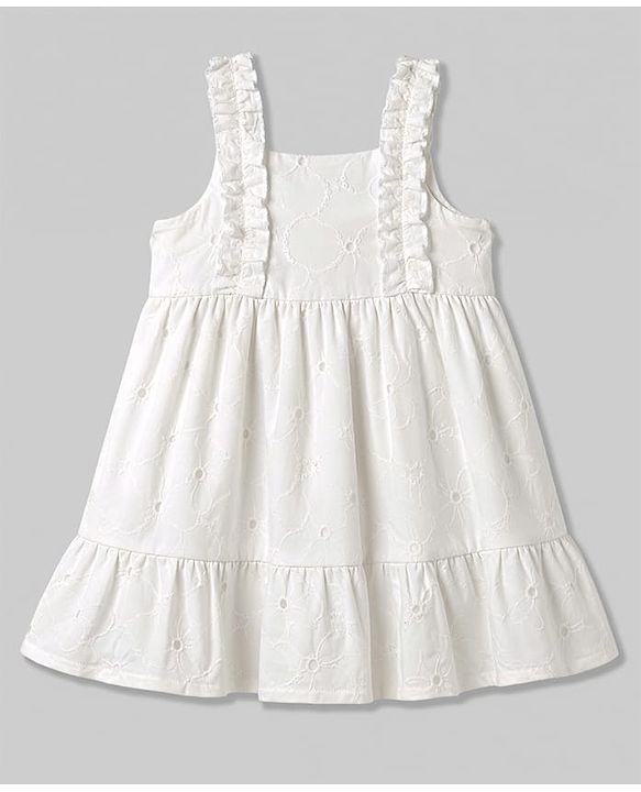 Babyhug Cotton Woven One Piece Dress Sleeveless Embroidered White 9-12 Months