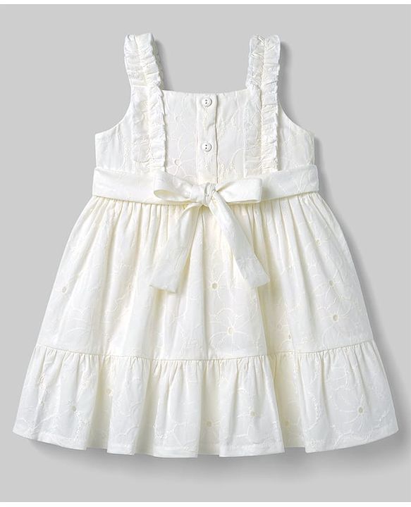 Babyhug Cotton Woven One Piece Dress Sleeveless Embroidered White 9-12 Months