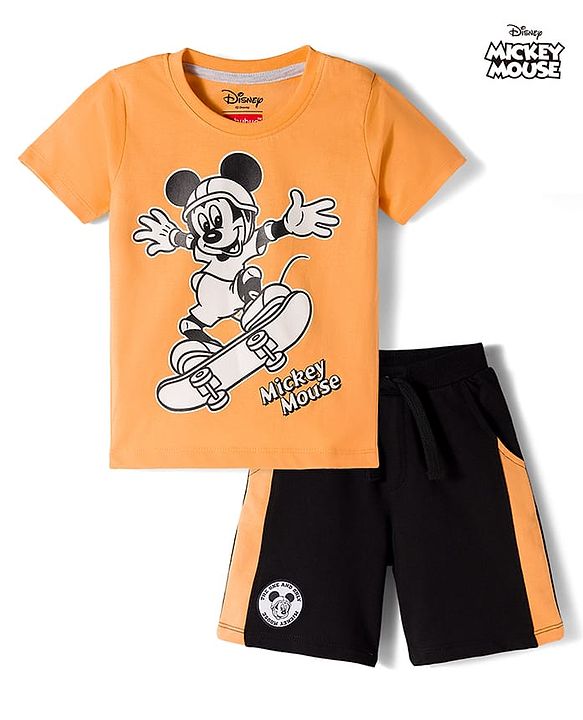 Babyhug Disney Single Jersey Knit Half Sleeves T-Shirt & Shorts Set With Mickey Mouse Graphics - Multicolor