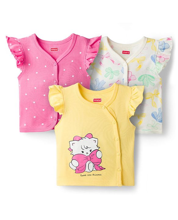 Babyhug 100% Cotton Knit Antibacterial Sleeveless Jhablas With Cat Bow & Polka Dot Print Pack of 3 - Multicolor