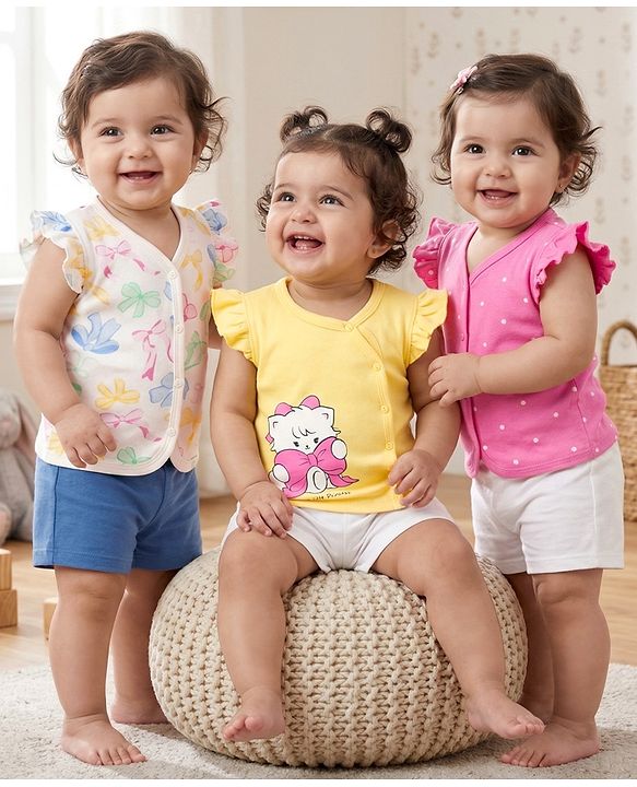 Babyhug 100% Cotton Knit Antibacterial Sleeveless Jhablas With Cat Bow & Polka Dot Print Pack of 3 - Multicolor