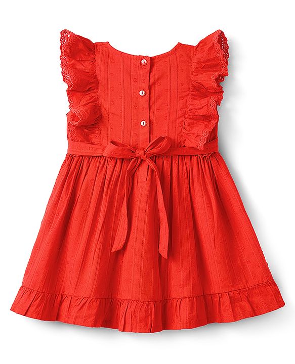 Babyhug Cotton Woven One Piece Frocks Frill Sleeves Round Neck Red 3-6 Months