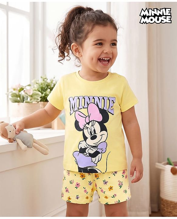 Babyhug Disney Single Jersey Knit Half Sleeves T-Shirt & Shorts Set with Minnie Mouse Graphics - Yellow