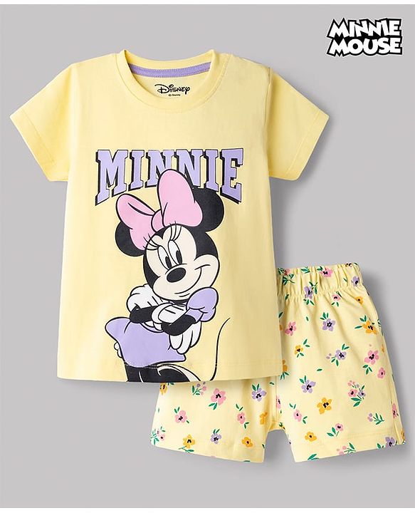 Babyhug Disney Single Jersey Knit Half Sleeves T-Shirt & Shorts Set with Minnie Mouse Graphics - Yellow
