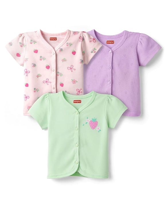 Babyhug 100% Cotton Interlock Knit Antibacterial Half Sleeves Jhablas With Floral & Strawberry Print Pack of 3 - Multicolor