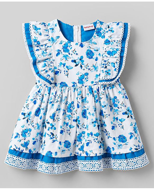 Babyhug Cotton Woven One Piece Dresses Frill Sleeves Floral Print White 6-9 Months
