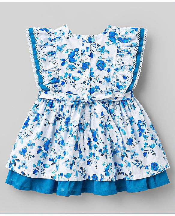 Babyhug Cotton Woven One Piece Dresses Frill Sleeves Floral Print White 6-9 Months