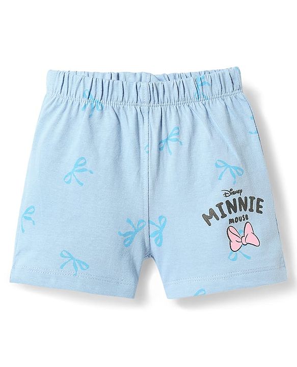 Babyhug Disney 100% Cotton Knit Half Sleeves T-Shirt & Shorts Night Suit With Minnie Mouse Graphic - Light Blue