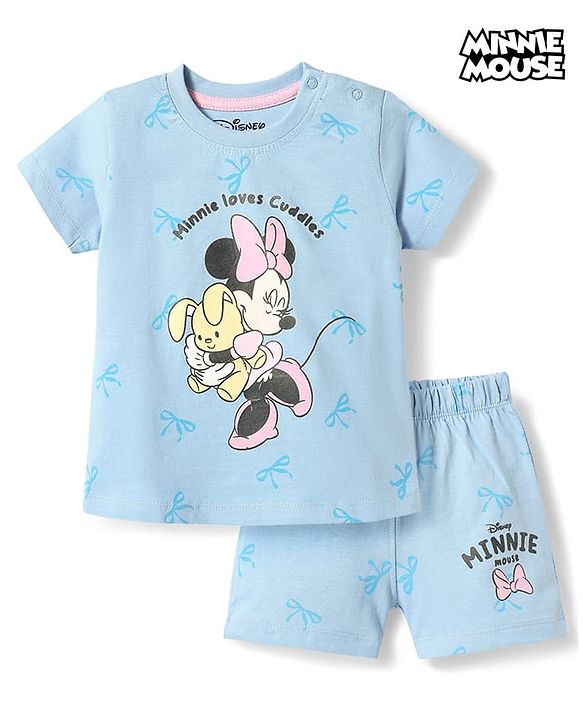 Babyhug Disney 100% Cotton Knit Half Sleeves T-Shirt & Shorts Night Suit With Minnie Mouse Graphic - Light Blue