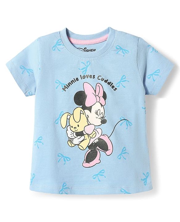 Babyhug Disney 100% Cotton Knit Half Sleeves T-Shirt & Shorts Night Suit With Minnie Mouse Graphic - Light Blue