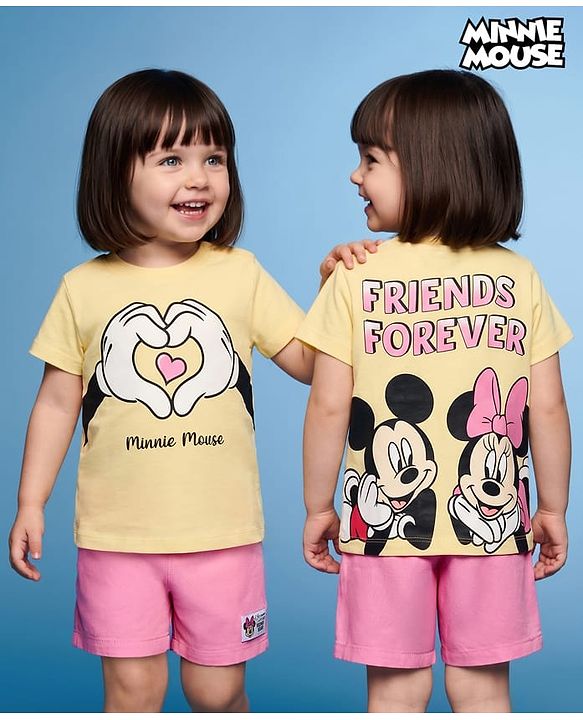 Babyhug Disney Single Jersey Knit Half Sleeves T-shirt & Denim Shorts With Minnie Mouse Graphic - Yellow