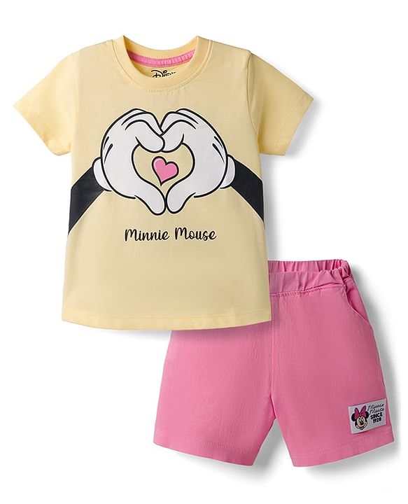 Babyhug Disney Single Jersey Knit Half Sleeves T-shirt & Denim Shorts With Minnie Mouse Graphic - Yellow