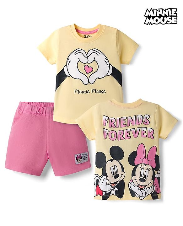Babyhug Disney Single Jersey Knit Half Sleeves T-shirt & Denim Shorts With Minnie Mouse Graphic - Yellow