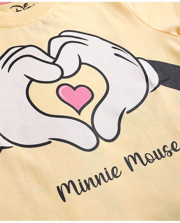 Babyhug Disney Single Jersey Knit Half Sleeves T-shirt & Denim Shorts With Minnie Mouse Graphic - Yellow